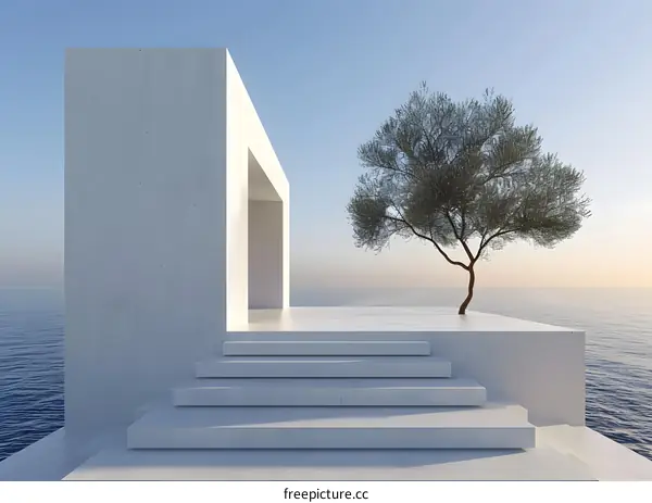 Minimalist Architecture with Steps and Tree by the Ocean