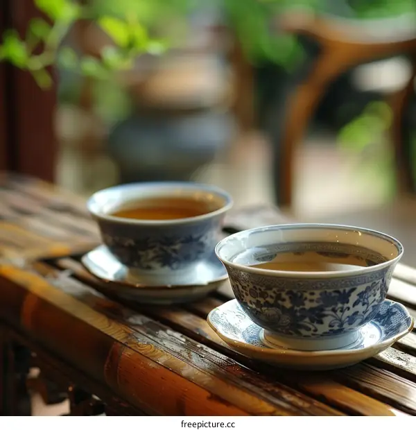 Two blue and white porcelain cups of tea on a wooden table