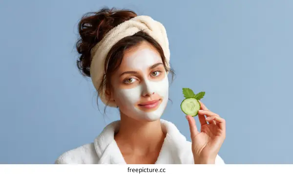 Woman Applying Face Mask with Cucumber