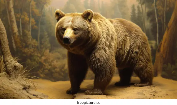 Large brown bear standing in front of a forest scene