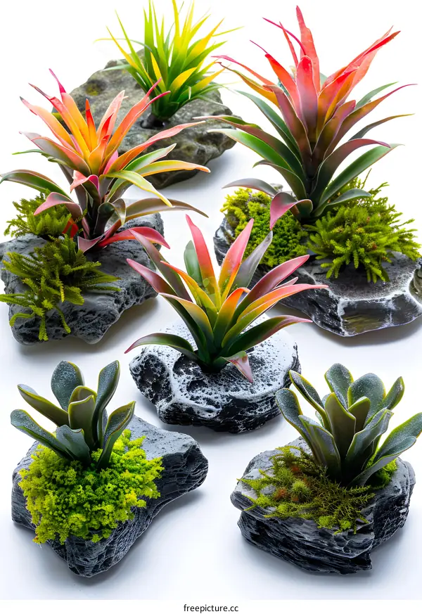 Succulent plants in rock pots on a white background