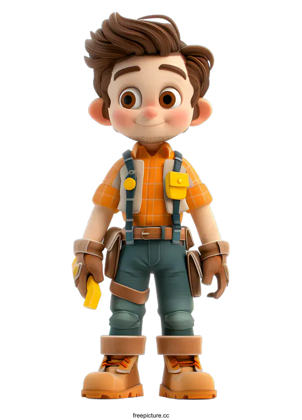 [Transparent Background PNG]Cute Cartoon Character Wearing Work Clothes and Holding a Tool