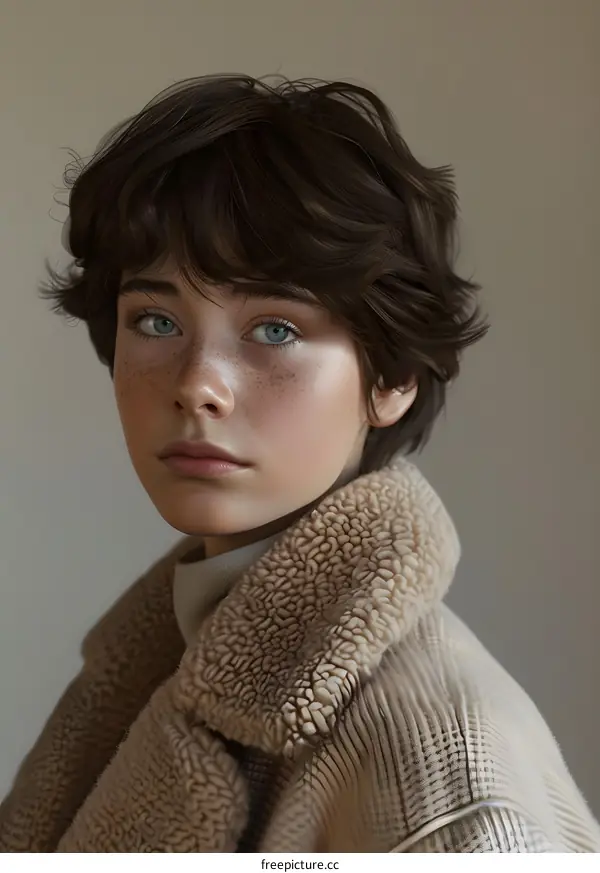 Portrait of a Young Woman with Short Hair and Blue Eyes