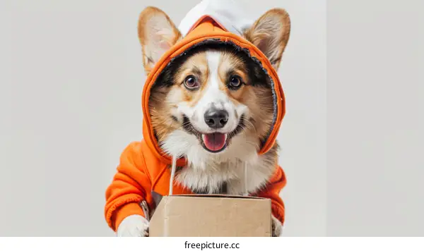 Cute Dog in Orange Hoodie with Package