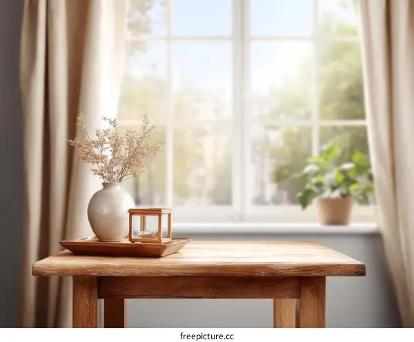Cozy Wooden Table by the Window with Dried Flowers