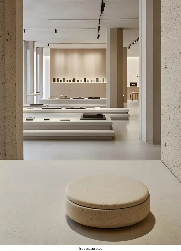 Minimalist Interior Design Featuring a Round Concrete Stool