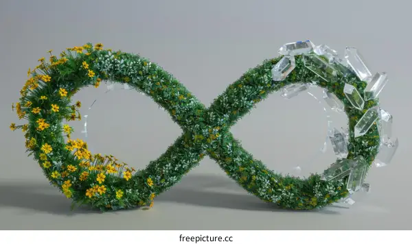 3D illustration of an infinity symbol made of grass and flowers on a gray background