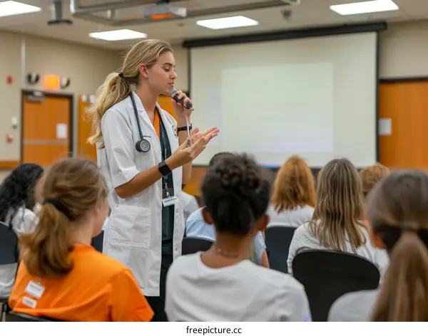 Female medical professional giving a presentation to a group of high school students