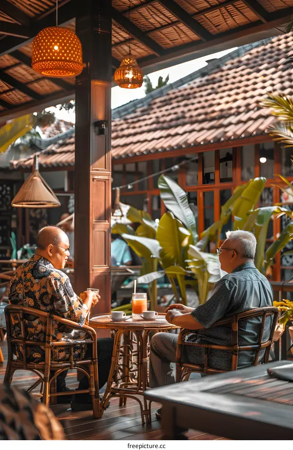 Two Asian Men Talking While Sitting at a Table with Drinks