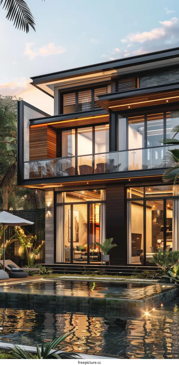 A Modern Glass Villa with Pool and Palm Trees