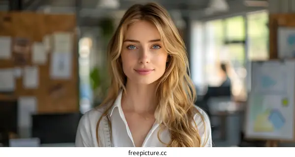 Portrait of a Smiling Woman with Blonde Hair in an Office Setting