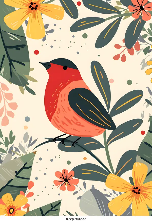 Red Bird in Floral Garden Illustration