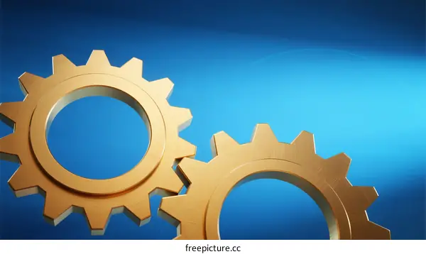 Two golden gears interlocking with blue background in close-up