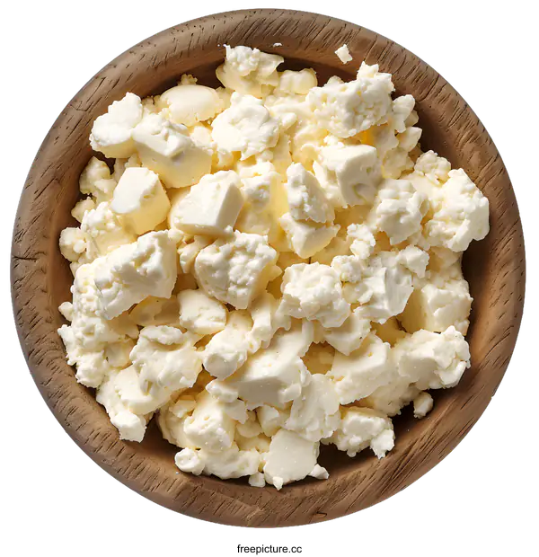 [Transparent Background PNG]Crumbled Feta Cheese in a Wooden Bowl