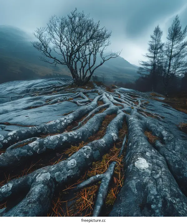 Gnarled Tree Roots on a Rocky Scottish Hilltop