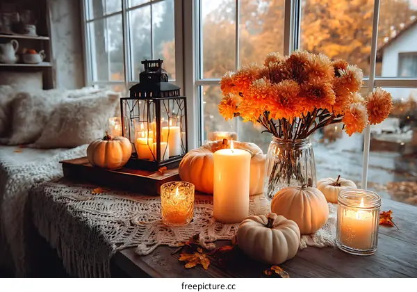 Autumn Window Decor with Pumpkins and Candles