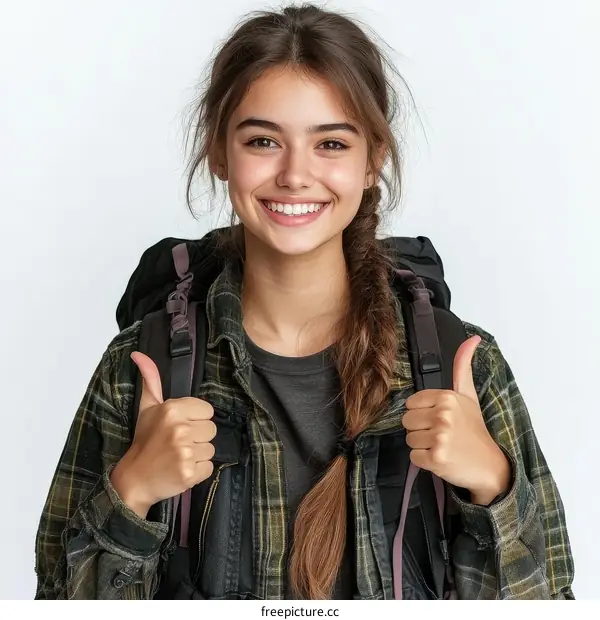 Smiling Woman with Backpack Giving Thumbs Up