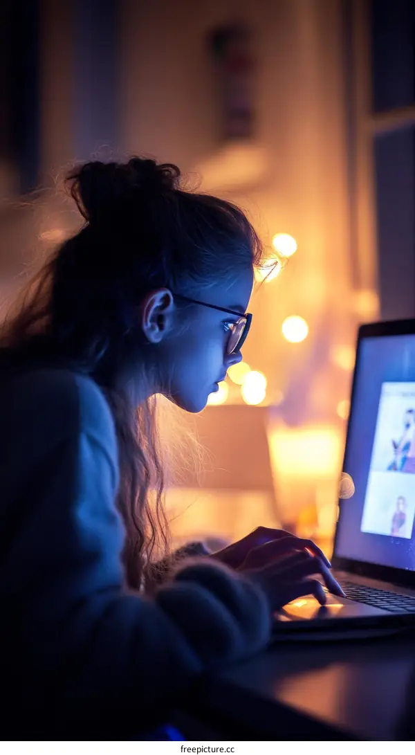 Teenage Girl Using Laptop at Night