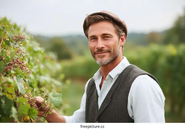 Smiling Vineyard Farmer in Autumn