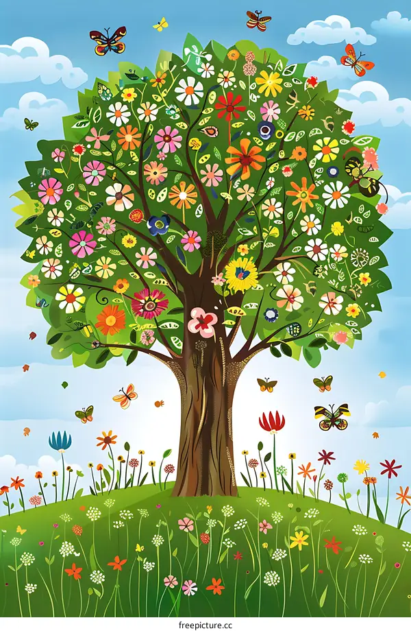 Colorful Spring Tree with Butterflies