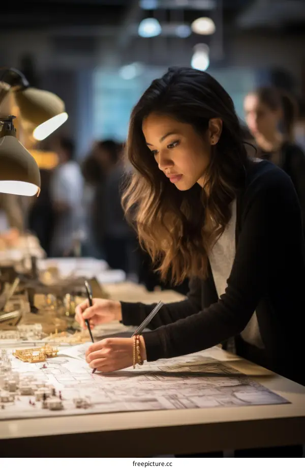 Asian woman working on a project with a blueprint