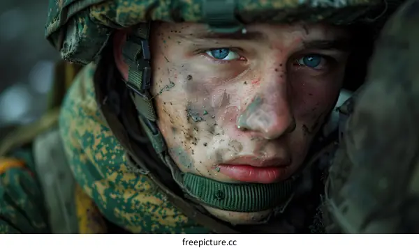 Portrait of a young soldier with blue eyes and a dirty face