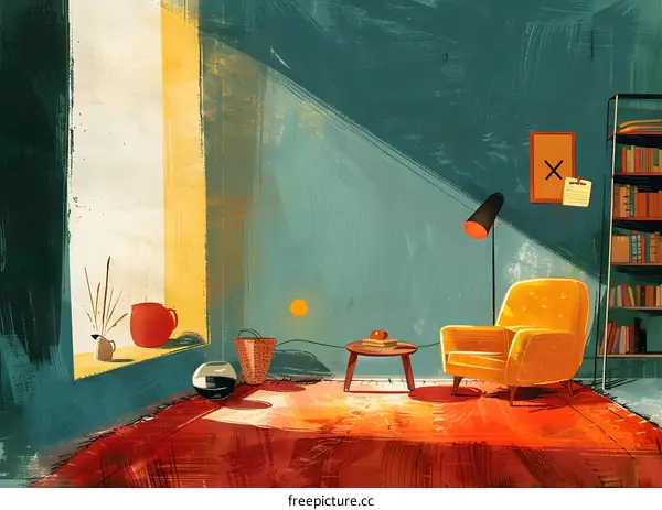 Modern Living Room Interior Design with Yellow Armchair and Red Rug