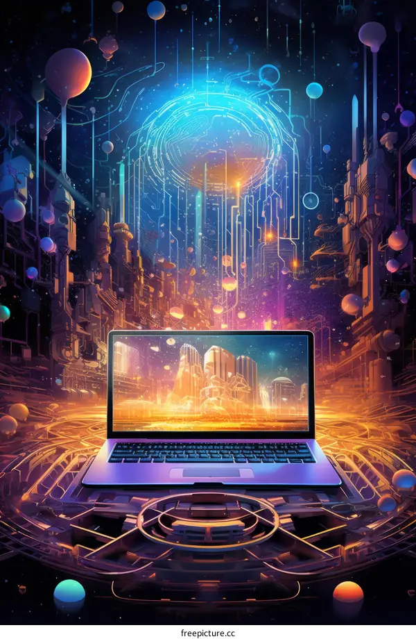 Laptop in the middle of a digital world