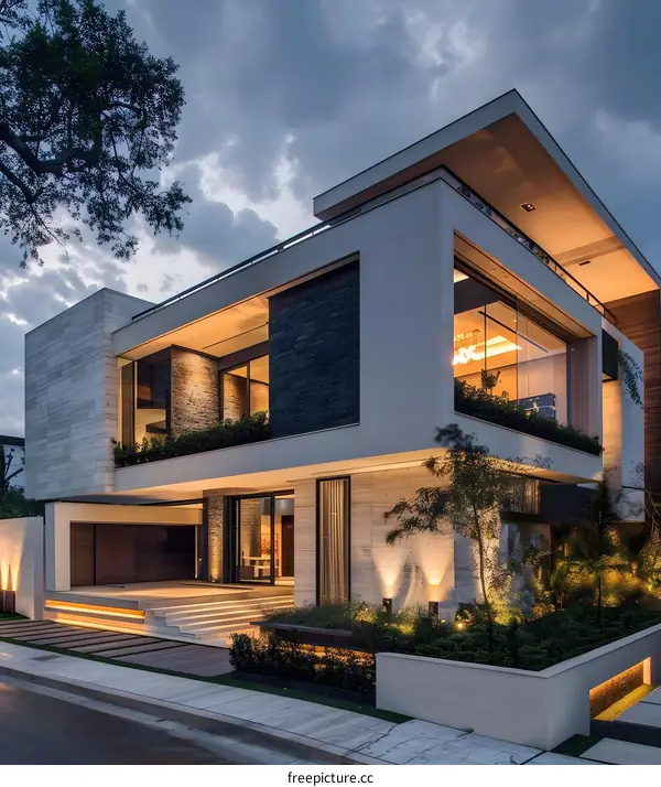 Modern House With Large Windows And Stone Facade