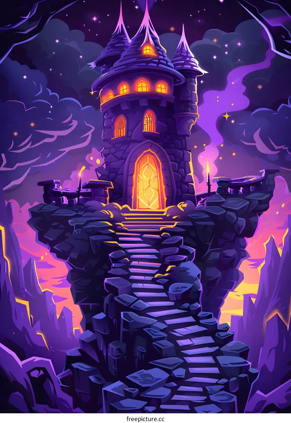 Purple Castle Tower on Cliff at Night