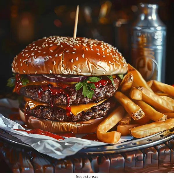 Delicious Double Cheeseburger and French Fries on a Silver Platter