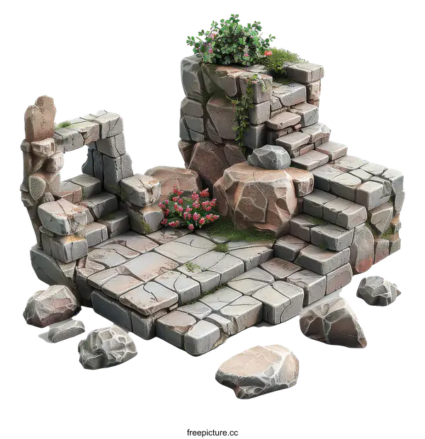 [Transparent Background PNG]Stone Ruins with Flowers on White Background