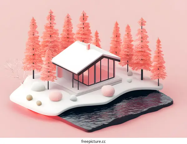 Minimalist 3D Render of Winter Cabin with Snow and Pine Trees