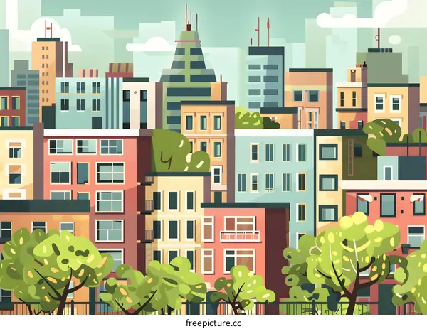 Cityscape Illustration with Buildings and Trees