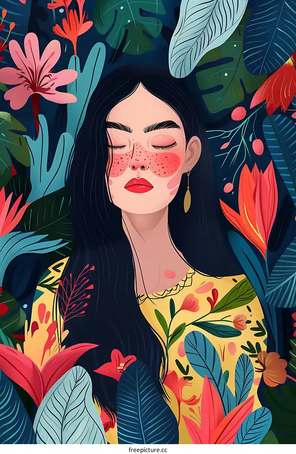 Woman With Closed Eyes Surrounded By Flowers