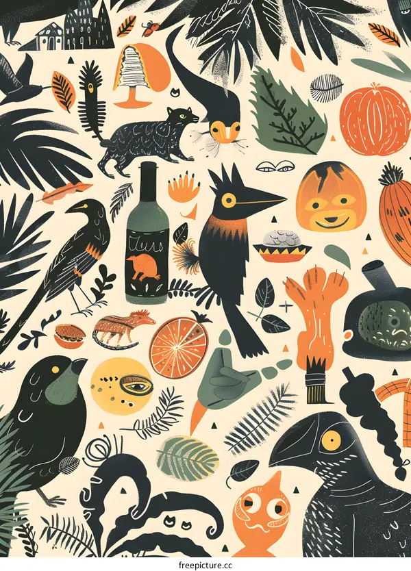 Illustrated Pattern of Tropical Animals and Plants