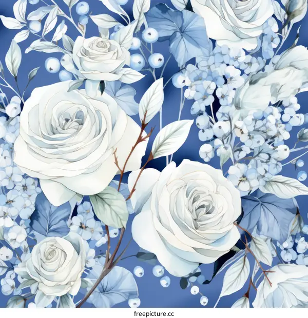 White roses and blue flowers on a blue background