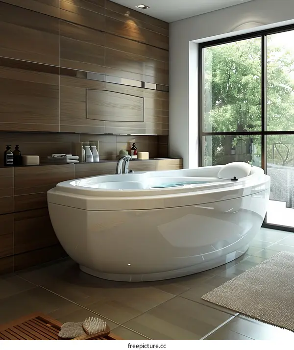 Modern Bathroom Interior Design with Bathtub and Large Window