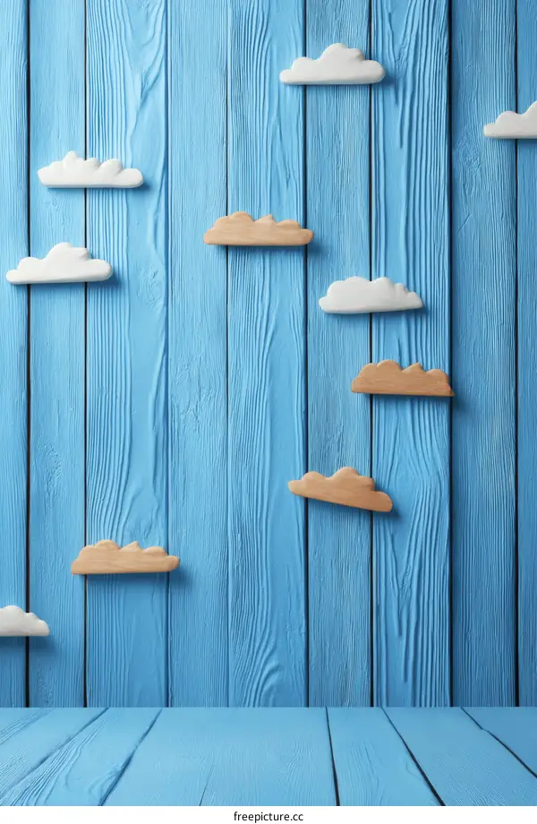 Cute Wooden Clouds on Light Blue Wooden Wall