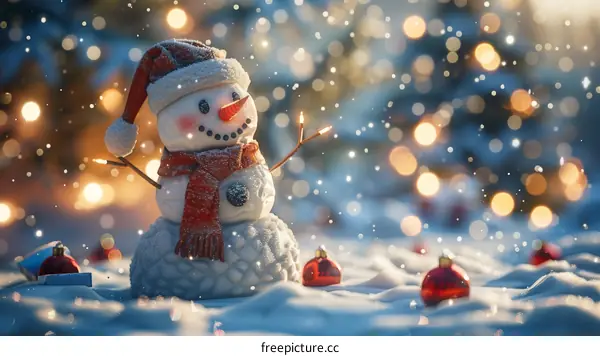 A cute snowman stands in a snowy forest with a red scarf and hat.