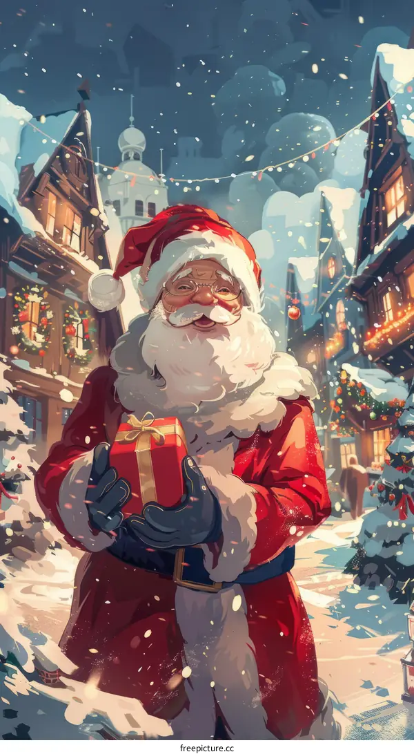 Santa Claus walking down a snowy street with a sack full of presents