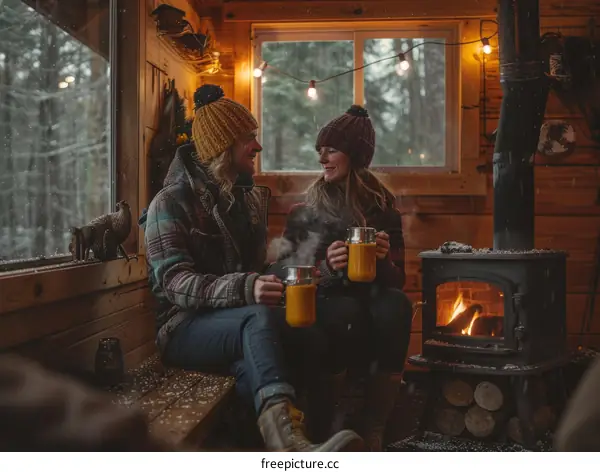 Two women sitting in a cabin and drinking from mugs