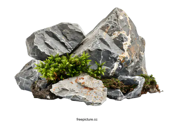[Transparent Background PNG]Gray Rocks and Green Moss Isolated on White Background