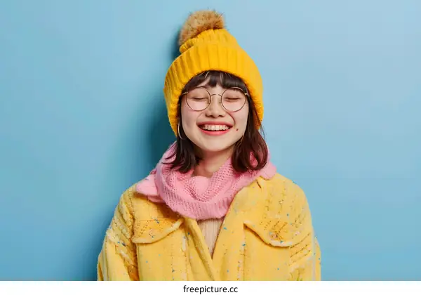 Smiling Woman Wearing Yellow Knit Hat and Jacket