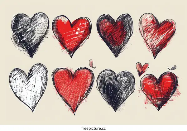 A set of eight hand drawn grunge hearts.