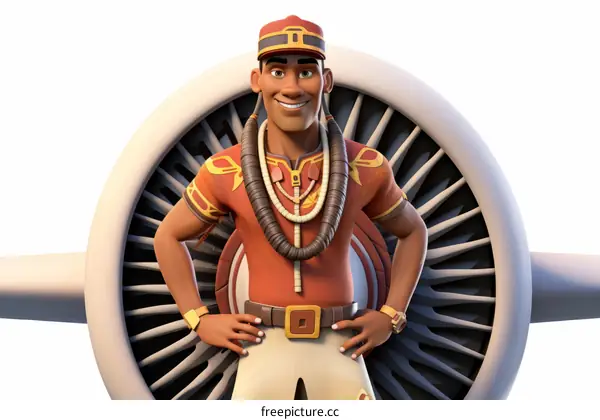 Brown skin male pilot standing in front of airplane engine