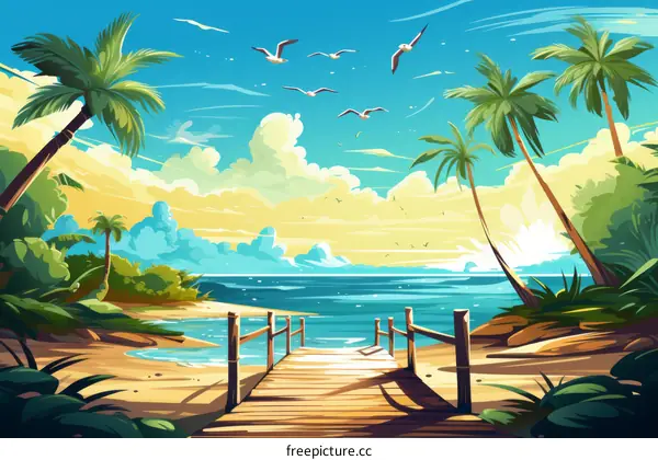 Wooden dock leading to a tropical beach