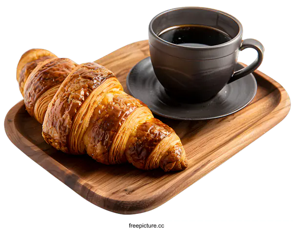 [Transparent Background PNG]Freshly Baked Croissant with a Cup of Coffee on a Wooden Tray