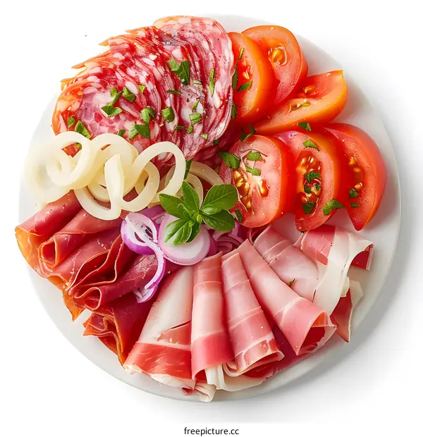 Appetizer Platter with Salami, Prosciutto, Tomatoes, and Onions