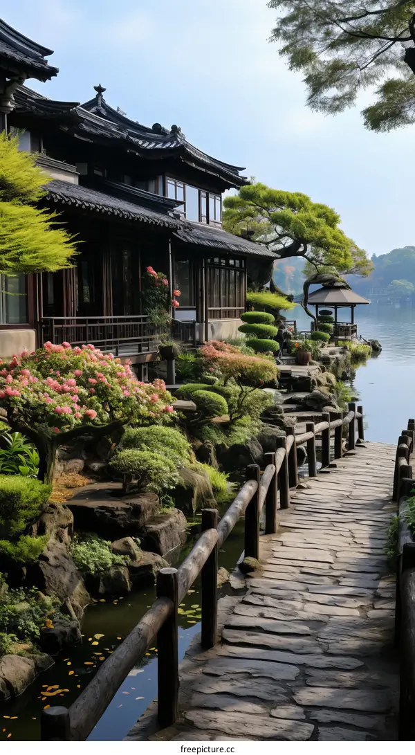Japanese traditional house and garden near lake